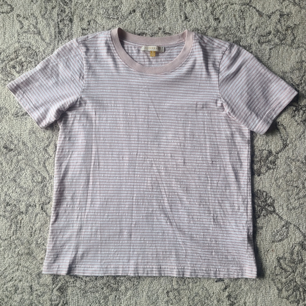 DownEast Striped Top Short Sleeve Crew Neck Casual White and Pink